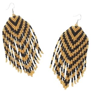 Long 5" Black and Gold Chevron Striped Earrings Seed Beaded Oversized Bohemian